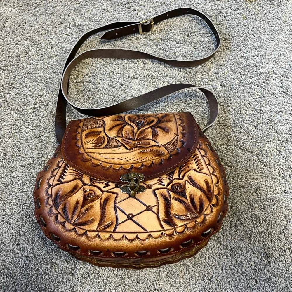 Vintage Brown Tooled Leather Handbag